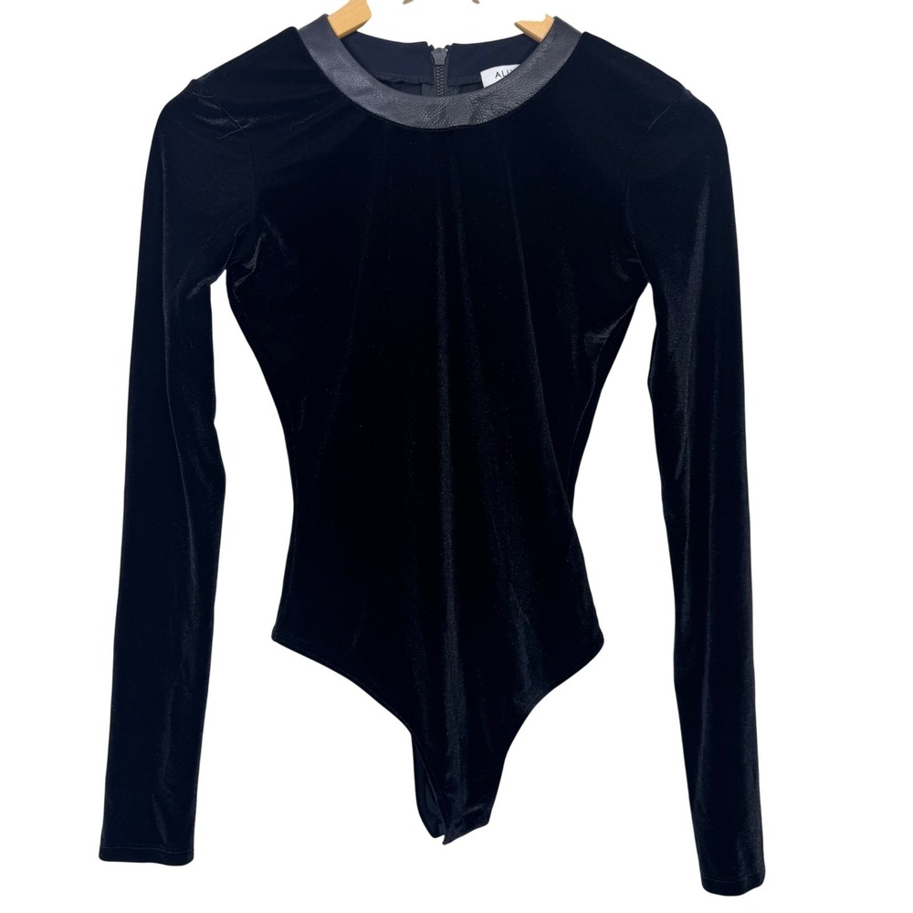 ALIX NYC Bodysuit XS Black Velvet Genuine Leather Trim Long Sleeve Chic Elegant‎